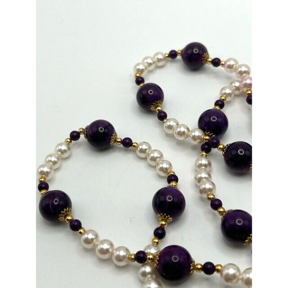 Amethyst? Purple Beaded Faux Pearl Necklace Gold Tone 30" Long - Picture 5 of 8